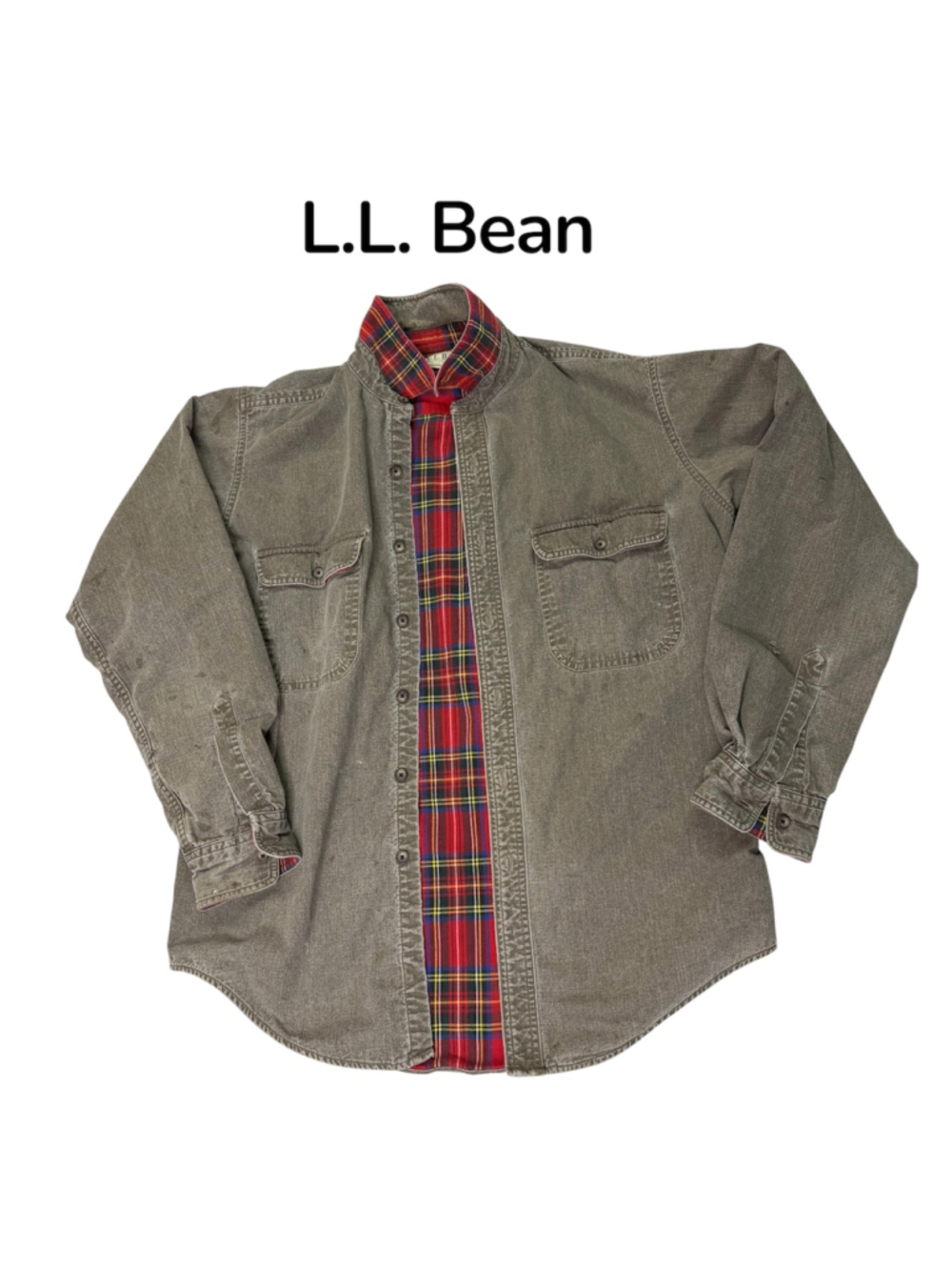 Vtg L.L. Bean Flannel Lined Canvas Shirt Jacket M Gray Made in USA Distressed